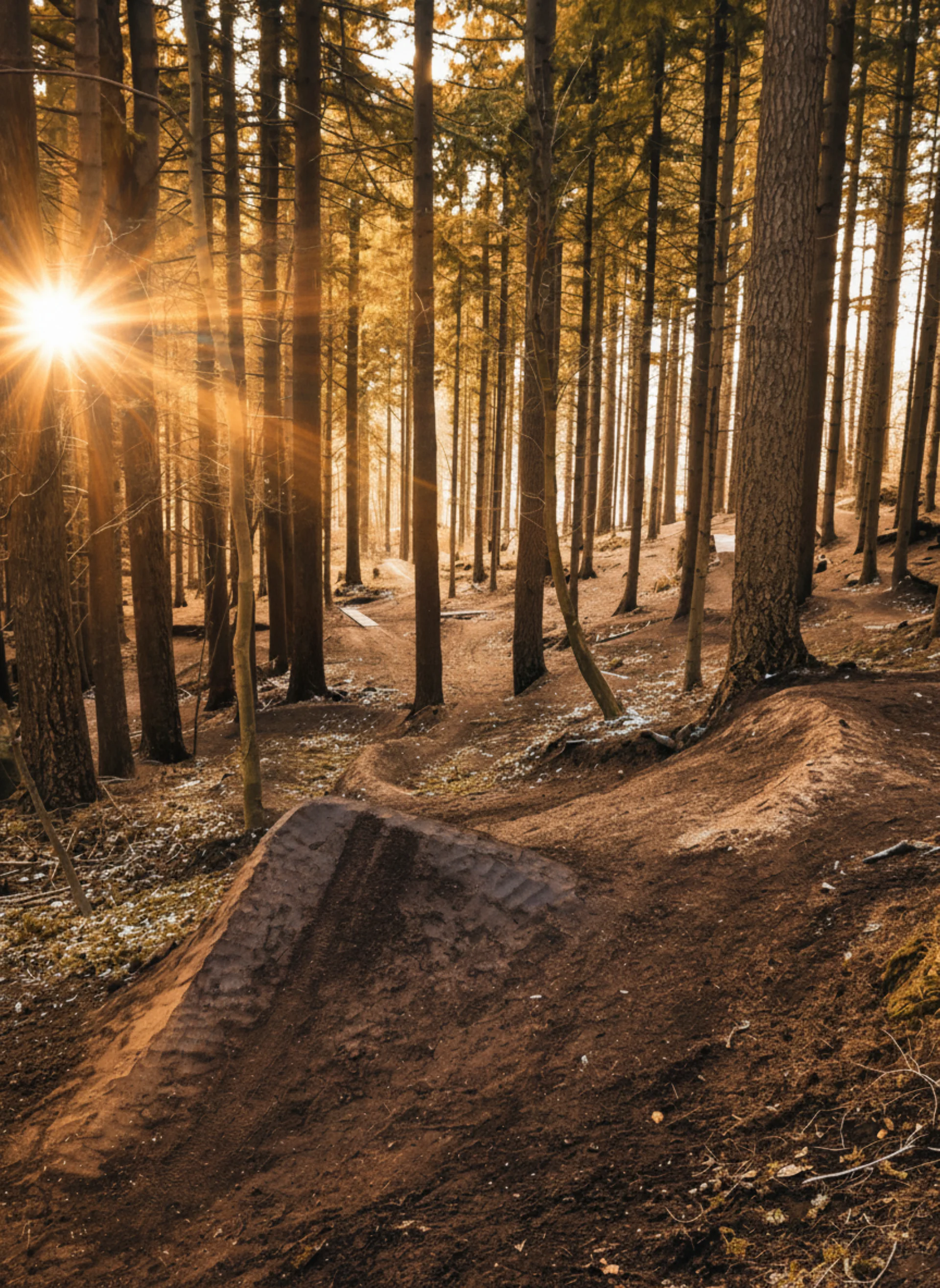 Snowy trail through pine forest at golden hour